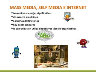 MASS MEDIA, SELF MEDIA E INTERNET
transmiten mensajes significativos
de manera simultánea 
a muchos destinatarios 
hay pocos emisores
la comunicación utiliza dispositivos técnico-organizativos
 