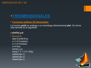 GRAFICAS EN 2D Y 3D
TRIDIMENSIONALES
 Funciones gráficas 3D elementales:
La función plot3 es análoga a su homóloga bidim...