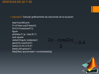 GRAFICAS EN 2D Y 3D
 Ejemplo3: Calcular gráficamente las soluciones de la ecuación
teta=0:pi/360:pi/4;
f1=(2*teta-cos(2*t...