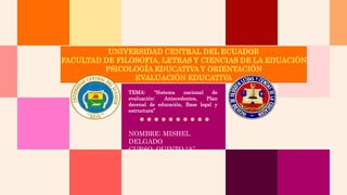 NOMBRE: MISHEL
DELGADO
CURSO: QUINTO “A”
TEMA: “Sistema nacional de
evaluación: Antecedentes, Plan
decenal de educación, Base legal y
estructura”
 
