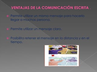 

Permite utilizar un mismo mensaje para hacerlo
llegar a muchas persona.



Permite utilizar un mensaje claro.



Posibilita retener el mensaje en la distancia y en el
tiempo.

 