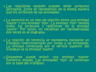    Las relaciones también pueden tener atributos
    asociados. Estos se representan de la misma manera
    que los atributos de las entidades.

   La herencia es un tipo de relación entre una entidad
    "padre" y una entidad "hijo". La entidad "hijo" hereda
    todos los atributos y relaciones de la entidad
    "padre". Por tanto, no necesitan ser representadas
    dos veces en el diagrama.

   La relación de herencia se representa mediante un
    triángulo interconectado por líneas a las entidades.
    La entidad conectada por el vértice superior del
    triángulo es la entidad "padre".

   Solamente puede existir una entidad "padre"
    (herencia simple). Las entidades "hijo" se conectan
    por la base del triángulo.
 