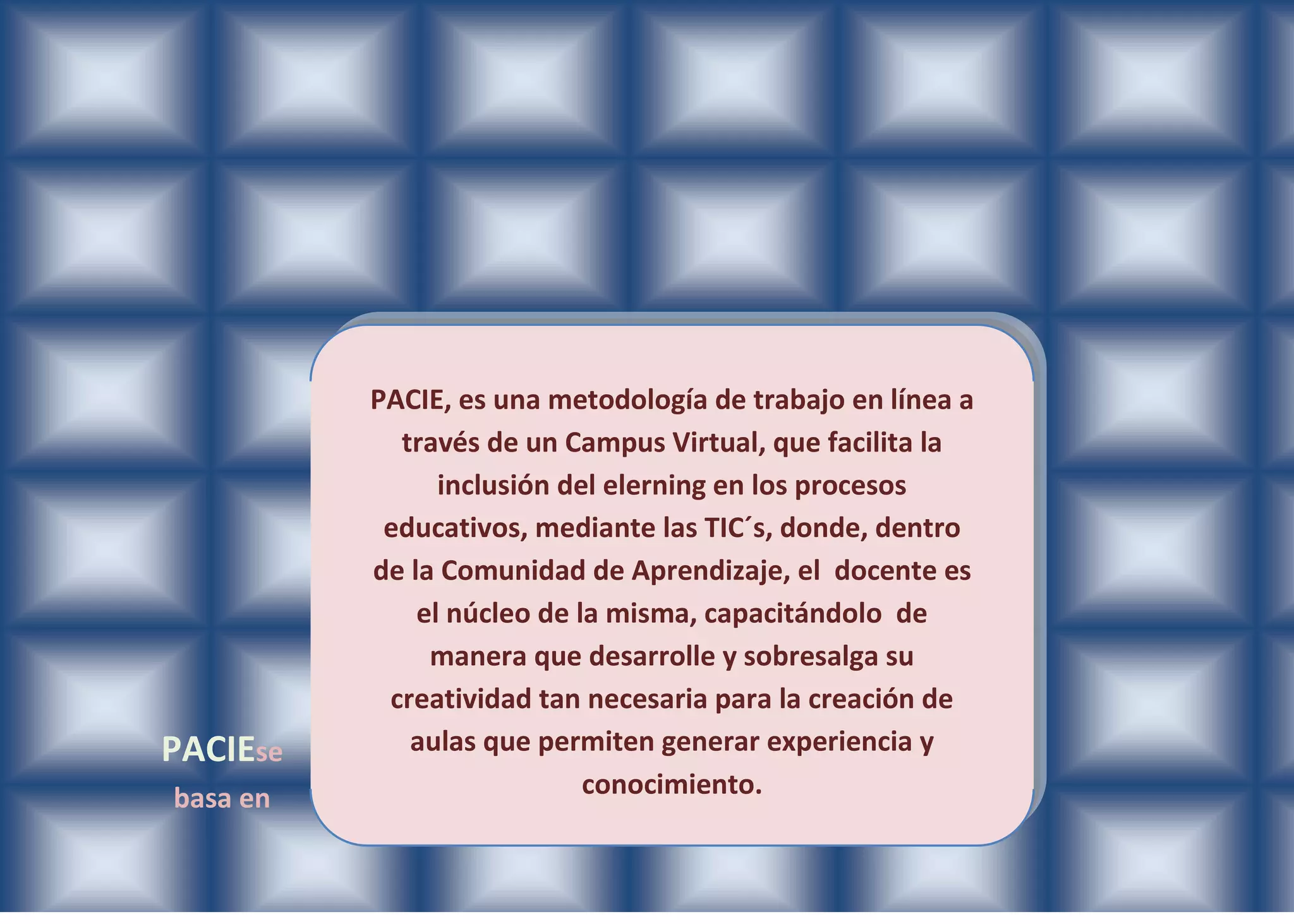 PACIE, es una metodología de trabajo en línea a
            través de un Campus Virtual, que facilita la
                inclusión del elerning en los procesos
           educativos, mediante las TIC´s, donde, dentro
          de la Comunidad de Aprendizaje, el docente es
              el núcleo de la misma, capacitándolo de
               manera que desarrolle y sobresalga su
           creatividad tan necesaria para la creación de
PACIEse      aulas que permiten generar experiencia y
basa en                     conocimiento.
 