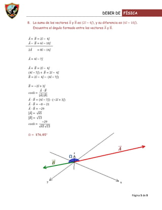 DEBER DE FÍSICA

8. La suma de los vectores   y   es       , y su diferencia es      .
   Encuentre el ángulo formado entre los vectores   y




                             Ω




                                                                 Página 5 de 9
 
