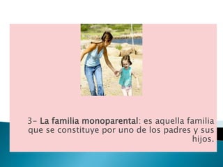 3- La familia monoparental: es aquella familia 
que se constituye por uno de los padres y sus 
hijos. 
 