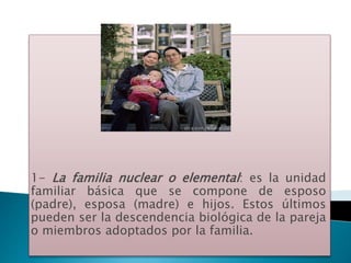 1- La familia nuclear o elemental: es la unidad 
familiar básica que se compone de esposo 
(padre), esposa (madre) e hijos. Estos últimos 
pueden ser la descendencia biológica de la pareja 
o miembros adoptados por la familia. 
 