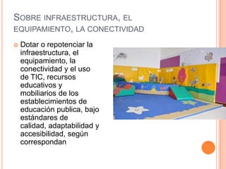SOBRE INFRAESTRUCTURA, EL
EQUIPAMIENTO, LA CONECTIVIDAD
 Dotar o repotenciar la
infraestructura, el
equipamiento, la
conectividad y el uso
de TIC, recursos
educativos y
mobiliarios de los
establecimientos de
educación publica, bajo
estándares de
calidad, adaptabilidad y
accesibilidad, según
correspondan
 