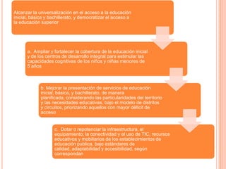 Alcanzar la universalización en el acceso a la educación
inicial, básica y bachillerato, y democratizar el acceso a
la educación superior
a. Ampliar y fortalecer la cobertura de la educación inicial
y de los centros de desarrollo integral para estimular las
capacidades cognitivas de los niños y niñas menores de
5 años
b. Mejorar la presentación de servicios de educación
inicial, básica, y bachillerato, de manera
planificada, considerando las particularidades del territorio
y las necesidades educativas, bajo el modelo de distritos
y circuitos, priorizando aquellos con mayor déficit de
acceso
c. Dotar o repotenciar la infraestructura, el
equipamiento, la conectividad y el uso de TIC, recursos
educativos y mobiliarios de los establecimientos de
educación publica, bajo estándares de
calidad, adaptabilidad y accesibilidad, según
correspondan
 