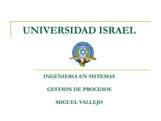 UNIVERSIDAD ISRAEL INGENIERIA EN SISTEMAS GESTION DE PROCESOS MIGUEL VALLEJO 