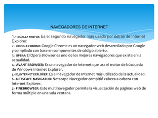 NAVEGADORES DE INTERNET

1.- MOZILLA FIREFOX: Es el segundo navegador más usado por detrás de Internet
Explorer.
2.- GOOGLE CHROME: Google Chrome es un navegador web desarrollado por Google
y compilado con base en componentes de código abierto.
3.- OPERA: El Opera Browser es uno de los mejores navegadores que existe en la
actualidad.
4.- AVANT BROWSER: Es un navegador de internet que usa el motor de búsqueda
de Windows Internet Explorer.
5.- IE, INTERNET EXPLORER: Es el navegador de Internet más utilizado de la actualidad.
6.- NETSCAPE NAVIGATOR: Netscape Navegador compitió cabeza a cabeza con
Internet Explorer.
7.- FINEBROWSER: Este multinavegador permite la visualización de páginas web de
forma múltiple en una sola ventana.
 