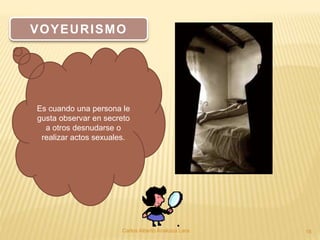 Carlos Alberto Analuiza Lara. 18
VOYEURISMO
Es cuando una persona le
gusta observar en secreto
a otros desnudarse o
realizar actos sexuales.
 