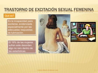 TRASTORNO DE EXCITACIÓN SEXUAL FEMENINA
Carlos Alberto Analuiza Lara. 7
Es la incapacidad para
excitarse, evidenciada
especialmente por las
adecuadas respuestas
de lubricación.
Qué es?
El 19% de las mujeres
sufren este desorden
algo no raro dentro de
las estadísticas.
 