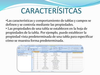 CARACTERÍSITCAS
•Las características y comportamiento de tablas y campos se
definen y se controla mediante las propiedades.
• Las propiedades de una tabla se establecen en la hoja de
propiedades de la tabla. Por ejemplo, puede establecer la
propiedad vista predeterminada de una tabla para especificar
cómo se muestra forma predeterminada.
 