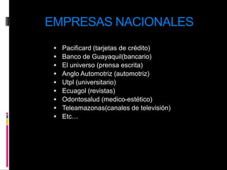 EMPRESAS NACIONALESPacificard (tarjetas de crédito)Banco de Guayaquil(bancario)El universo (prensa escrita)Anglo Automotriz (automotriz)Utpl (universitario)Ecuagol (revistas)Odontosalud (medico-estético)Teleamazonas(canales de televisión)Etc…