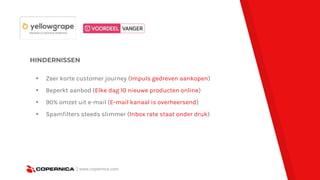 | www.copernica.com
HINDERNISSEN
▸ Zeer korte customer journey (Impuls gedreven aankopen)
▸ Beperkt aanbod (Elke dag 10 nieuwe producten online)
▸ 90% omzet uit e-mail (E-mail kanaal is overheersend)
▸ Spamfilters steeds slimmer (Inbox rate staat onder druk)
 