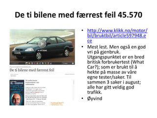 De ti bilene med færrest feil 45.570http://www.klikk.no/motor/bil/bruktbil/article597948.eceMest lest. Men også en god vri på gjenbruk. Utgangspunktet er en bred britisk forbrukertest (WhatCar?); som er brukt til å hekte på masse av våre egne tester/saker. Til sammen 3 saker i august; alle har gitt veldig god trafikk.Øyvind