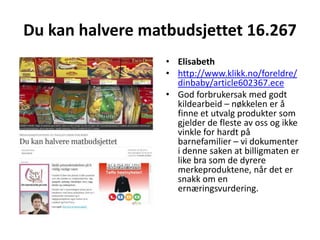 Du kan halvere matbudsjettet 16.267Elisabethhttp://www.klikk.no/foreldre/dinbaby/article602367.eceGod forbrukersak med godt kildearbeid – nøkkelen er å finne et utvalg produkter som gjelder de fleste av oss og ikke vinkle for hardt på barnefamilier – vi dokumenter i denne saken at billigmaten er like bra som de dyrere merkeproduktene, når det er snakk om en ernæringsvurdering. 