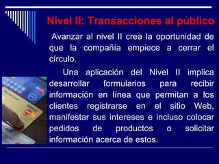 Nivel II: Transacciones al público
Avanzar al nivel II crea la oportunidad de
que la compañía empiece a cerrar el
círculo.
Una aplicación del Nivel II implica
desarrollar formularios para recibir
información en línea que permitan a los
clientes registrarse en el sitio Web,
manifestar sus intereses e incluso colocar
pedidos de productos o solicitar
información acerca de estos.
 