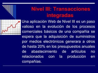 Nivel III: Transacciones
integradas
Una aplicación Web de Nivel III es un paso
valioso en la evolución de los procesos
comerciales básicos de una compañía se
espera que la adquisición de suministros
por medios electrónicos generara a otros
de hasta 20% en los presupuestos anuales
de abastecimiento de artículos no
relacionados con la producción en
compañías.
 
