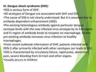 III. Dengue shock syndrome (DSS):
•DSS is serious form of DHF.
•All serotypes of Dengue are associated with DHF and DSS.
•The cause of DSS is not clearly understood. But it is assumed due to
antibody dependent enhancement (ADE).
•Pre-existing heterologous antibody against particular dengue
serotype binds with the new infected virus serotype by its Fab region
and Fc region of antibody binds to receptor on macrophage. So this
pre-existing antibody increases virus infection to healthy
macrophages.
•From recent outbreak information of DHF, patients infected with
DEN-2 after primarily infected with other serotypes can leads to DSS.
•DSS is characterized by circulatory failure, rapid pulse, abnormal
pain, severe bleeding from GI tract and other organs.
•Usually occurs in children
 