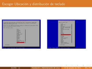 Escoger Ubicación y distribución de teclado




     Jennifer   ()   Instalación y Administración de Linux   12 de octubre de 2011   16 / 77
 