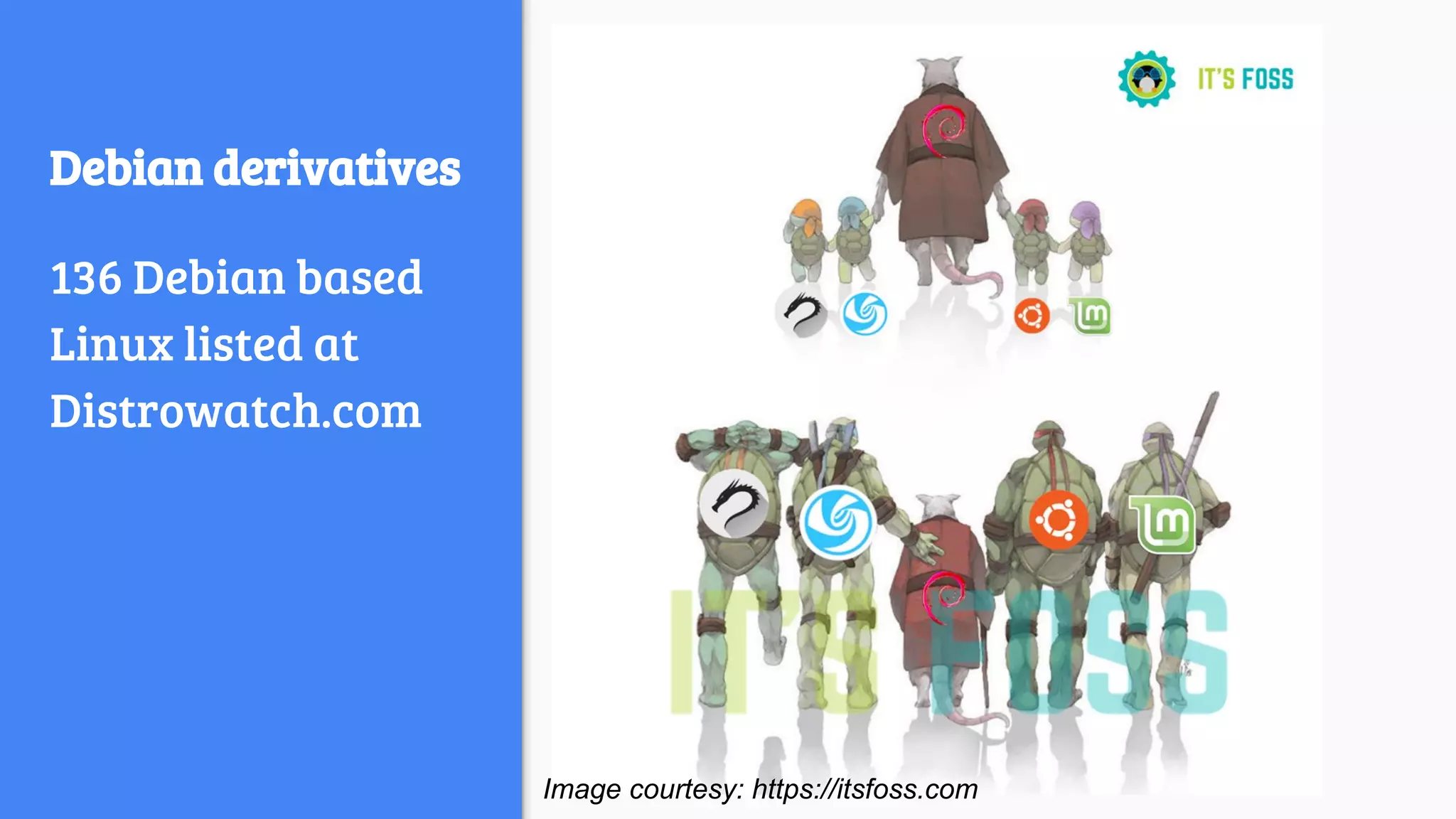 Debian derivatives
136 Debian based
Linux listed at
Distrowatch.com
Image courtesy: https://itsfoss.com
 