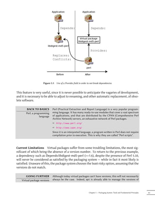 Figure 5.1   Use of a Provides field in order to not break dependencies


This feature is very useful, since it is never possible to anticipate the vagaries of development,
and it is necessary to be able to adjust to renaming, and other automatic replacement, of obso-
lete software.

       BACK TO BASICS          Perl (Practical Extraction and Report Language) is a very popular program-
       Perl, a programming     ming language. It has many ready-to-use modules that cover a vast spectrum
                   language    of applications, and that are distributed by the CPAN (Comprehensive Perl
                               Archive Network) servers, an exhaustive network of Perl packages.
                               ² http://www.perl.org/
                               ² http://www.cpan.org/
                               Since it is an interpreted language, a program wrien in Perl does not require
                               compilation prior to execution. This is why they are called “Perl scripts”.



Current Limitations Virtual packages suffer from some troubling limitations, the most sig-
nificant of which being the absence of a version number. To return to the previous example,
a dependency such as Depends:libdigest-md5-perl (>=1.6), despite the presence of Perl 5.10,
will never be considered as satisfied by the packaging system — while in fact it most likely is
satisfied. Unaware of this, the package system chooses the least risky option, assuming that the
versions do not match.

        GOING FURTHER          Although today virtual packages can't have versions, this will not necessarily
    Virtual package versions   always be the case. Indeed, apt is already able to manage the versions of



                                                                     Chapter 5 — Packaging System: Tools and Fundamental Principles   83
 