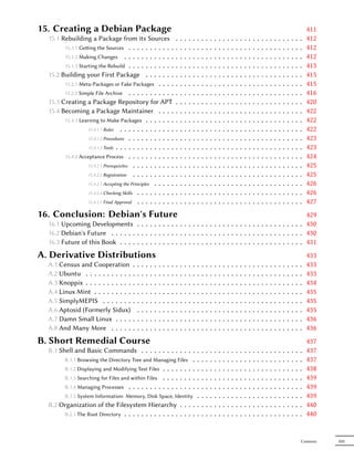 15. Creating a Debian Package                                                                                                                                                                          411
  15.1 Rebuilding a Package from its Sources                                   .   .   .   .   .   .   .   .   .   .   .   .   .   .   .   .   .   .   .   .   .   .   .   .   .   .   .   .   .   .   412
        15.1.1 Geing the Sources . . . . . . . . . . .                        .   .   .   .   .   .   .   .   .   .   .   .   .   .   .   .   .   .   .   .   .   .   .   .   .   .   .   .   .   .   412
        15.1.2 Making Changes . . . . . . . . . . . .                          .   .   .   .   .   .   .   .   .   .   .   .   .   .   .   .   .   .   .   .   .   .   .   .   .   .   .   .   .   .   412
        15.1.3 Starting the Rebuild . . . . . . . . . . .                      .   .   .   .   .   .   .   .   .   .   .   .   .   .   .   .   .   .   .   .   .   .   .   .   .   .   .   .   .   .   413
  15.2 Building your First Package . . . . . . .                               .   .   .   .   .   .   .   .   .   .   .   .   .   .   .   .   .   .   .   .   .   .   .   .   .   .   .   .   .   .   415
        15.2.1 Meta-Packages or Fake Packages . . . .                          .   .   .   .   .   .   .   .   .   .   .   .   .   .   .   .   .   .   .   .   .   .   .   .   .   .   .   .   .   .   415
        15.2.2 Simple File Archive . . . . . . . . . . .                       .   .   .   .   .   .   .   .   .   .   .   .   .   .   .   .   .   .   .   .   .   .   .   .   .   .   .   .   .   .   416
  15.3 Creating a Package Repository for APT                                   .   .   .   .   .   .   .   .   .   .   .   .   .   .   .   .   .   .   .   .   .   .   .   .   .   .   .   .   .   .   420
  15.4 Becoming a Package Maintainer . . . .                                   .   .   .   .   .   .   .   .   .   .   .   .   .   .   .   .   .   .   .   .   .   .   .   .   .   .   .   .   .   .   422
        15.4.1 Learning to Make Packages . . . . . . .                         .   .   .   .   .   .   .   .   .   .   .   .   .   .   .   .   .   .   .   .   .   .   .   .   .   .   .   .   .   .   422
                   15.4.1.1 Rules . . . . . . . . . . . . .                    .   .   .   .   .   .   .   .   .   .   .   .   .   .   .   .   .   .   .   .   .   .   .   .   .   .   .   .   .   .   422
                   15.4.1.2 Procedures . . . . . . . . . . .                   .   .   .   .   .   .   .   .   .   .   .   .   .   .   .   .   .   .   .   .   .   .   .   .   .   .   .   .   .   .   423
                   15.4.1.3 Tools . . . . . . . . . . . . . .                  .   .   .   .   .   .   .   .   .   .   .   .   .   .   .   .   .   .   .   .   .   .   .   .   .   .   .   .   .   .   423
        15.4.2 Acceptance Process . . . . . . . . . . .                        .   .   .   .   .   .   .   .   .   .   .   .   .   .   .   .   .   .   .   .   .   .   .   .   .   .   .   .   .   .   424
                   15.4.2.1 Prerequisites . . . . . . . . . .                  .   .   .   .   .   .   .   .   .   .   .   .   .   .   .   .   .   .   .   .   .   .   .   .   .   .   .   .   .   .   425
                   15.4.2.2 Registration . . . . . . . . . .                   .   .   .   .   .   .   .   .   .   .   .   .   .   .   .   .   .   .   .   .   .   .   .   .   .   .   .   .   .   .   425
                   15.4.2.3 Accepting the Principles . . . . .                 .   .   .   .   .   .   .   .   .   .   .   .   .   .   .   .   .   .   .   .   .   .   .   .   .   .   .   .   .   .   426
                   15.4.2.4 Checking Skills . . . . . . . . .                  .   .   .   .   .   .   .   .   .   .   .   .   .   .   .   .   .   .   .   .   .   .   .   .   .   .   .   .   .   .   426
                   15.4.2.5 Final Approval . . . . . . . . .                   .   .   .   .   .   .   .   .   .   .   .   .   .   .   .   .   .   .   .   .   .   .   .   .   .   .   .   .   .   .   427
16. Conclusion: Debian's Future                                                                                  429
  16.1 Upcoming Developments . . . . . . . . . . . . . . . . . . . . . . . . . . . . . . . . . . . . . . . 430
  16.2 Debian's Future . . . . . . . . . . . . . . . . . . . . . . . . . . . . . . . . . . . . . . . . . . . . . 430
  16.3 Future of this Book . . . . . . . . . . . . . . . . . . . . . . . . . . . . . . . . . . . . . . . . . . . 431
A. Derivative Distributions                                                                                                                                                                            433
  A.1 Census and Cooperation              ..   .   .   .   .   .   .   .   .   .   .   .   .   .   .   .   .   .   .   .   .   .   .   .   .   .   .   .   .   .   .   .   .   .   .   .   .   .   .   433
  A.2 Ubuntu . . . . . . . . . . .        ..   .   .   .   .   .   .   .   .   .   .   .   .   .   .   .   .   .   .   .   .   .   .   .   .   .   .   .   .   .   .   .   .   .   .   .   .   .   .   433
  A.3 Knoppix . . . . . . . . . . .       ..   .   .   .   .   .   .   .   .   .   .   .   .   .   .   .   .   .   .   .   .   .   .   .   .   .   .   .   .   .   .   .   .   .   .   .   .   .   .   434
  A.4 Linux Mint . . . . . . . . .        ..   .   .   .   .   .   .   .   .   .   .   .   .   .   .   .   .   .   .   .   .   .   .   .   .   .   .   .   .   .   .   .   .   .   .   .   .   .   .   435
  A.5 SimplyMEPIS . . . . . . .           ..   .   .   .   .   .   .   .   .   .   .   .   .   .   .   .   .   .   .   .   .   .   .   .   .   .   .   .   .   .   .   .   .   .   .   .   .   .   .   435
  A.6 Aptosid (Formerly Sidux)             .   .   .   .   .   .   .   .   .   .   .   .   .   .   .   .   .   .   .   .   .   .   .   .   .   .   .   .   .   .   .   .   .   .   .   .   .   .   .   435
  A.7 Damn Small Linux . . . .            ..   .   .   .   .   .   .   .   .   .   .   .   .   .   .   .   .   .   .   .   .   .   .   .   .   .   .   .   .   .   .   .   .   .   .   .   .   .   .   436
  A.8 And Many More . . . . .             ..   .   .   .   .   .   .   .   .   .   .   .   .   .   .   .   .   .   .   .   .   .   .   .   .   .   .   .   .   .   .   .   .   .   .   .   .   .   .   436
B. Short Remedial Course                                                                                                                                                                               437
  B.1 Shell and Basic Commands . . . . . . . . . . . . .          .                                    .   .   .   .   .   .   .   .   .   .   .   .   .   .   .   .   .   .   .   .   .   .   .   .   437
        B.1.1 Browsing the Directory Tree and Managing Files .    .                                    .   .   .   .   .   .   .   .   .   .   .   .   .   .   .   .   .   .   .   .   .   .   .   .   437
        B.1.2 Displaying and Modifying Text Files . . . . . . . . .                                    .   .   .   .   .   .   .   .   .   .   .   .   .   .   .   .   .   .   .   .   .   .   .   .   438
        B.1.3 Searching for Files and within Files . . . . . . . ..                                    .   .   .   .   .   .   .   .   .   .   .   .   .   .   .   .   .   .   .   .   .   .   .   .   439
        B.1.4 Managing Processes . . . . . . . . . . . . . . . .  .                                    .   .   .   .   .   .   .   .   .   .   .   .   .   .   .   .   .   .   .   .   .   .   .   .   439
       B.1.5 System Information: Memory, Disk Space, Identity .                                        .   .   .   .   .   .   .   .   .   .   .   .   .   .   .   .   .   .   .   .   .   .   .   .   439
  B.2 Organization of the Filesystem Hierarchy . . . . .                                               .   .   .   .   .   .   .   .   .   .   .   .   .   .   .   .   .   .   .   .   .   .   .   .   440
       B.2.1 The Root Directory . . . . . . . . . . . . . . . . . .                                    .   .   .   .   .   .   .   .   .   .   .   .   .   .   .   .   .   .   .   .   .   .   .   .   440


                                                                                                                                                                                                   Contents   XIII
 