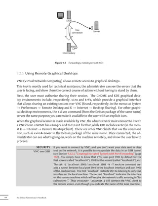 Figure 9.3   Forwarding a remote port with SSH



      9.2.3. Using Remote Graphical Desktops

      VNC (Virtual Network Computing) allows remote access to graphical desktops.
      This tool is mostly used for technical assistance; the administrator can see the errors that the
      user is facing, and show them the correct course of action without having to stand by them.
      First, the user must authorize sharing their session. The GNOME and KDE graphical desk-
      top environments include, respectively, vino and krfb, which provide a graphical interface
      that allows sharing an existing session over VNC (found, respectively, in the menus at System
      → Preferences → Remote Desktop and K → Internet → Desktop Sharing). For other graphi-
      cal desktop environments, the x11vnc command (from the Debian package of the same name)
      serves the same purpose; you can make it available to the user with an explicit icon.
      When the graphical session is made available by VNC, the administrator must connect to it with
      a VNC client. GNOME has vinagre and tsclient for that, while KDE includes krdc (in the menu
      at K → Internet → Remote Desktop Client). There are other VNC clients that use the command
      line, such as xvnc4viewer in the Debian package of the same name. Once connected, the ad-
      ministrator can see what's going on, work on the machine remotely, and show the user how to
      proceed.
                           SECURITY         If you want to connect by VNC, and you don't want your data sent in clear
                         VNC over SSH       text on the network, it is possible to encapsulate the data in an SSH tunnel
                                            (see Section 9.2.2.3, “Creating Encrypted Tunnels with Port Forwarding” (page
                                            192)). You simply have to know that VNC uses port 5900 by default for the
                                            first screen (called “localhost:0”), 5901 for the second (called “localhost:1”), etc.
                                            The ssh -L localhost:5901:localhost:5900 -N -T machine command cre-
                                            ates a tunnel between local port 5901 in the localhost interface and port 5900
                                            of the machine host. The first “localhost” restricts SSH to listening to only that
                                            interface on the local machine. The second “localhost” indicates the interface
                                            on the remote machine which will receive the network traﬀic entering in “lo-
                                            calhost:5901”. Thus vncviewer localhost:1 will connect the VNC client to
                                            the remote screen, even though you indicate the name of the local machine.



194   The Debian Administrator's Handbook
 