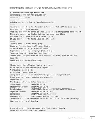 crt for the public certificate, keys/vpn.falcot.com.keyfor the private key):

$ ./build-key-server vpn.falcot.com
Generating a 1024 bit RSA private key
...............++++++
...........++++++
writing new private key to 'vpn.falcot.com.key'
-----
You are about to be asked to enter information that will be incorporated
into your certificate request.
What you are about to enter is what is called a Distinguished Name or a DN.
There are quite a few fields but you can leave some blank
For some fields there will be a default value,
If you enter '.', the field will be left blank.
-----
Country Name (2 letter code) [FR]:
State or Province Name (full name) [Loire]:
Locality Name (eg, city) [Saint-Étienne]:
Organization Name (eg, company) [Falcot Corp]:
Organizational Unit Name (eg, section) []:
Common Name (eg, your name or your server's hostname) [vpn.falcot.com]:
Name []:
Email Address [admin@falcot.com]:

Please enter the following 'extra' attributes
to be sent with your certificate request
A challenge password []:
An optional company name []:
Using configuration from /home/rhertzog/pki-falcot/openssl.cnf
Check that the request matches the signature
Signature ok
The Subject's Distinguished Name is as follows
countryName           :PRINTABLE:'FR'
stateOrProvinceName   :PRINTABLE:'Loire'
localityName          :T61STRING:'Saint-0xFFFFFFC30xFFFFFF89tienne'
organizationName      :PRINTABLE:'Falcot Corp'
commonName            :PRINTABLE:'vpn.falcot.com'
emailAddress          :IA5STRING:'admin@falcot.com'
Certificate is to be certified until Oct 9 13:57:42 2020 GMT (3650 days)
Sign the certificate? [y/n]:y



1 out of 1 certificate requests certified, commit? [y/n]y
Write out database with 1 new entries



                                                                       Chapter 10 — Network Infrastructure   227
 