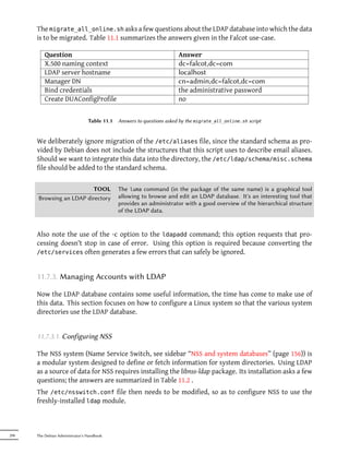 The migrate_all_online.sh asks a few questions about the LDAP database into which the data
      is to be migrated. Table 11.1 summarizes the answers given in the Falcot use-case.

          Question                                                      Answer
          X.500 naming context                                          dc=falcot,dc=com
          LDAP server hostname                                          localhost
          Manager DN                                                    cn=admin,dc=falcot,dc=com
          Bind credentials                                              the administrative password
          Create DUAConfigProfile                                       no


                                 Table 11.1   Answers to questions asked by the migrate_all_online.sh script


      We deliberately ignore migration of the /etc/aliases file, since the standard schema as pro-
      vided by Debian does not include the structures that this script uses to describe email aliases.
      Should we want to integrate this data into the directory, the /etc/ldap/schema/misc.schema
      file should be added to the standard schema.

                         TOOL                 The luma command (in the package of the same name) is a graphical tool
      Browsing an LDAP directory              allowing to browse and edit an LDAP database. It's an interesting tool that
                                              provides an administrator with a good overview of the hierarchical structure
                                              of the LDAP data.


      Also note the use of the -c option to the ldapadd command; this option requests that pro-
      cessing doesn't stop in case of error. Using this option is required because converting the
      /etc/services often generates a few errors that can safely be ignored.



      11.7.3. Managing Accounts with LDAP

      Now the LDAP database contains some useful information, the time has come to make use of
      this data. This section focuses on how to configure a Linux system so that the various system
      directories use the LDAP database.


      11.7.3.1. Configuring NSS

      The NSS system (Name Service Switch, see sidebar “NSS and system databases” (page 156)) is
      a modular system designed to define or fetch information for system directories. Using LDAP
      as a source of data for NSS requires installing the libnss-ldap package. Its installation asks a few
      questions; the answers are summarized in Table 11.2 .
      The /etc/nsswitch.conf file then needs to be modified, so as to configure NSS to use the
      freshly-installed ldap module.



290   The Debian Administrator's Handbook
 