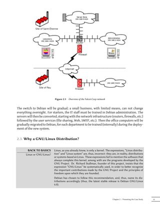 Figure 2.1   Overview of the Falcot Corp network


The switch to Debian will be gradual; a small business, with limited means, can not change
everything overnight. For starters, the IT staff must be trained in Debian administration. The
servers will then be converted, starting with the network infrastructure (routers, firewalls, etc.)
followed by the user services (file sharing, Web, SMTP, etc.). Then the office computers will be
gradually migrated to Debian, for each department to be trained (internally) during the deploy-
ment of the new system.


2.3. Why a GNU/Linux Distribution?

         BACK TO BASICS      Linux, as you already know, is only a kernel. The expressions, “Linux distribu-
       Linux or GNU/Linux?   tion” and “Linux system” are, thus, incorrect: they are, in reality, distributions
                             or systems based on Linux. These expressions fail to mention the soware that
                             always complete this kernel, among with are the programs developed by the
                             GNU Project. Dr. Richard Stallman, founder of this project, insists that the
                             expression “GNU/Linux” be systematically used, in order to beer recognize
                             the important contributions made by the GNU Project and the principles of
                             freedom upon which they are founded.
                             Debian has chosen to follow this recommendation, and, thus, name its dis-
                             tributions accordingly (thus, the latest stable release is Debian GNU/Linux
                             6.0).




                                                                                  Chapter 2 — Presenting the Case Study   33
 