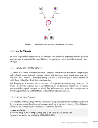 Figure 3.1   Coexistence of Debian with MacOS, Windows and Unix systems



3.2. How To Migrate

In order to guarantee continuity of the services, each computer migration must be planned
and executed according to the plan. Whatever the operating system used, this principle never
changes.


3.2.1. Survey and Identify Services

As simple as it seems, this step is essential. A serious administrator truly knows the principal
roles of each server, but such roles can change, and sometimes experienced users may have
installed “wild” services. Knowing that they exist will at least allow you to decide what to do
with them, rather than delete them haphazardly.
For this purpose, it is wise to inform your users of the project before migrating the server. To
involve them in the project, it may be useful to install the most common free software programs
on their desktops prior to migration, which they will come across again after the migration to
Debian; OpenOffice.org and the Mozilla suite are the best examples here.


3.2.1.1. Network and Processes

The nmap tool (in the package with the same name) will quickly identify Internet services hosted
by a network connected machine without even requiring to log in to it. Simply call the following
command on another machine connected to the same network:
$ nmap mirlaine
Starting Nmap 5.00 ( http://nmap.org ) at 2010-07-29 16:36 CET
Interesting ports on mirlaine (192.168.1.99):



                                                                       Chapter 3 — Analyzing the Existing Setup and Migrating   41
 