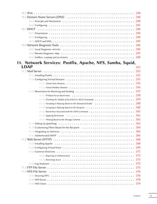 10.5 IPv6 . . . . . . . . . . . . . . . . .        .   .   .   .   .   .   .   .   .   .   .   .   .   .   .   .   .   .   .   .   .   .   .   .   .   .   .   .   .   .   .   .   .   .   .   .   238
  10.6 Domain Name Servers (DNS)                     .   .   .   .   .   .   .   .   .   .   .   .   .   .   .   .   .   .   .   .   .   .   .   .   .   .   .   .   .   .   .   .   .   .   .   .   240
        10.6.1 Principle and Mechanism . .           .   .   .   .   .   .   .   .   .   .   .   .   .   .   .   .   .   .   .   .   .   .   .   .   .   .   .   .   .   .   .   .   .   .   .   .   240
        10.6.2 Configuring . . . . . . . . .         .   .   .   .   .   .   .   .   .   .   .   .   .   .   .   .   .   .   .   .   .   .   .   .   .   .   .   .   .   .   .   .   .   .   .   .   241
  10.7 DHCP . . . . . . . . . . . . . . .            .   .   .   .   .   .   .   .   .   .   .   .   .   .   .   .   .   .   .   .   .   .   .   .   .   .   .   .   .   .   .   .   .   .   .   .   244
        10.7.1 Presentation . . . . . . . . .        .   .   .   .   .   .   .   .   .   .   .   .   .   .   .   .   .   .   .   .   .   .   .   .   .   .   .   .   .   .   .   .   .   .   .   .   244
        10.7.2 Configuring . . . . . . . . .         .   .   .   .   .   .   .   .   .   .   .   .   .   .   .   .   .   .   .   .   .   .   .   .   .   .   .   .   .   .   .   .   .   .   .   .   244
        10.7.3 DHCP and DNS . . . . . . .            .   .   .   .   .   .   .   .   .   .   .   .   .   .   .   .   .   .   .   .   .   .   .   .   .   .   .   .   .   .   .   .   .   .   .   .   245
  10.8 Network Diagnosis Tools . . .                 .   .   .   .   .   .   .   .   .   .   .   .   .   .   .   .   .   .   .   .   .   .   .   .   .   .   .   .   .   .   .   .   .   .   .   .   246
        10.8.1 Local Diagnosis: netstat . .          .   .   .   .   .   .   .   .   .   .   .   .   .   .   .   .   .   .   .   .   .   .   .   .   .   .   .   .   .   .   .   .   .   .   .   .   246
        10.8.2 Remote Diagnosis: nmap . . .          .   .   .   .   .   .   .   .   .   .   .   .   .   .   .   .   .   .   .   .   .   .   .   .   .   .   .   .   .   .   .   .   .   .   .   .   247
         10.8.3 Sniﬀers:   tcpdump   and wireshark           .   .   .   .   .   .   .   .   .   .   .   .   .   .   .   .   .   .   .   .   .   .   .   .   .   .   .   .   .   .   .   .   .   .   248
11. Network Services: Postfix, Apache, NFS, Samba, Squid,
  LDAP                                                    251
  11.1 Mail Server . . . . . . . . . . . . . .               .
                                                             .   .   .       .   .   .   .   .   .   .   .   .   .   .   .   .   .   .   .   .   .   .   .   .   .   .   .   .   .   .   .   .   .   252
        11.1.1 Installing Postfix . . . . . . . . .          .
                                                             .   .   .       .   .   .   .   .   .   .   .   .   .   .   .   .   .   .   .   .   .   .   .   .   .   .   .   .   .   .   .   .   .   252
        11.1.2 Configuring Virtual Domains . .               .
                                                             .   .   .       .   .   .   .   .   .   .   .   .   .   .   .   .   .   .   .   .   .   .   .   .   .   .   .   .   .   .   .   .   .   255
                   11.1.2.1 Virtual Alias Domains . .        .
                                                             .   .   .       .   .   .   .   .   .   .   .   .   .   .   .   .   .   .   .   .   .   .   .   .   .   .   .   .   .   .   .   .   .   255
                   11.1.2.2 Virtual Mailbox Domains .        .
                                                             .   .   .       .   .   .   .   .   .   .   .   .   .   .   .   .   .   .   .   .   .   .   .   .   .   .   .   .   .   .   .   .   .   256
         11.1.3 Restrictions for Receiving and Sending .                     .   .   .   .   .   .   .   .   .   .   .   .   .   .   .   .   .   .   .   .   .   .   .   .   .   .   .   .   .   .   257
                   11.1.3.1 IP-Based Access Restrictions . . .               .   .   .   .   .   .   .   .   .   .   .   .   .   .   .   .   .   .   .   .   .   .   .   .   .   .   .   .   .   .   258
                    11.1.3.2 Checking the Validity of the EHLO or HELO Commands                                  .   .   .   .   .   .   .   .   .   .   .   .   .   .   .   .   .   .   .   .   .   259
                    11.1.3.3 Accepting or Refusing Based on the Announced Sender                                 .   .   .   .   .   .   .   .   .   .   .   .   .   .   .   .   .   .   .   .   .   260
                    11.1.3.4 Accepting or Refusing Based on the Recipient                    ...         .   .   .   .   .   .   .   .   .   .   .   .   .   .   .   .   .   .   .   .   .   .   .   260
                    11.1.3.5 Restrictions Associated with the DATA Command                     .         .   .   .   .   .   .   .   .   .   .   .   .   .   .   .   .   .   .   .   .   .   .   .   261
                    11.1.3.6 Applying Restrictions .........                             .   ...         .   .   .   .   .   .   .   .   .   .   .   .   .   .   .   .   .   .   .   .   .   .   .   261
                                                                   .
                    11.1.3.7 Filtering Based on the Message Contents                     .   ...         .   .   .   .   .   .   .   .   .   .   .   .   .   .   .   .   .   .   .   .   .   .   .   261
        11.1.4 Seing Up greylisting . . . . . . . . . . . . .                           .   ...         .   .   .   .   .   .   .   .   .   .   .   .   .   .   .   .   .   .   .   .   .   .   .   262
        11.1.5 Customizing Filters Based On the Recipient .                              .   ...         .   .   .   .   .   .   .   .   .   .   .   .   .   .   .   .   .   .   .   .   .   .   .   264
        11.1.6 Integrating an Antivirus . . . . . . . . . . . .                          .   ...         .   .   .   .   .   .   .   .   .   .   .   .   .   .   .   .   .   .   .   .   .   .   .   265
        11.1.7 Authenticated SMTP . . . . . . . . . . . . .                              .   ...         .   .   .   .   .   .   .   .   .   .   .   .   .   .   .   .   .   .   .   .   .   .   .   266
  11.2 Web Server (HTTP) . . . . . . . . . . . . . . . .                                 .   ...         .   .   .   .   .   .   .   .   .   .   .   .   .   .   .   .   .   .   .   .   .   .   .   268
        11.2.1 Installing Apache . . . . . . . . . . . . . . .                           .   ...         .   .   .   .   .   .   .   .   .   .   .   .   .   .   .   .   .   .   .   .   .   .   .   268
        11.2.2 Configuring Virtual Hosts . . . . . . . . . . .                           .   ...         .   .   .   .   .   .   .   .   .   .   .   .   .   .   .   .   .   .   .   .   .   .   .   269
        11.2.3 Common Directives . . . . . . . . . . . . . .                             .   ...         .   .   .   .   .   .   .   .   .   .   .   .   .   .   .   .   .   .   .   .   .   .   .   271
                   11.2.3.1 Requiring an Authentication . . . . . .                      .   ...         .   .   .   .   .   .   .   .   .   .   .   .   .   .   .   .   .   .   .   .   .   .   .   272
                   11.2.3.2 Restricting Access . . . . . . . . . . .                     .   ...         .   .   .   .   .   .   .   .   .   .   .   .   .   .   .   .   .   .   .   .   .   .   .   273
        11.2.4 Log Analyzers . . . . . . . . . . . . . . . . .                           .   ...         .   .   .   .   .   .   .   .   .   .   .   .   .   .   .   .   .   .   .   .   .   .   .   273
  11.3 FTP File Server . . . . . . . . . . . . . . . . . . .                             .   ...         .   .   .   .   .   .   .   .   .   .   .   .   .   .   .   .   .   .   .   .   .   .   .   275
  11.4 NFS File Server . . . . . . . . . . . . . . . . . .                               .   ...         .   .   .   .   .   .   .   .   .   .   .   .   .   .   .   .   .   .   .   .   .   .   .   276
        11.4.1 Securing NFS . . . . . . . . . . . . . . . . .                            .   ...         .   .   .   .   .   .   .   .   .   .   .   .   .   .   .   .   .   .   .   .   .   .   .   276
        11.4.2 NFS Server . . . . . . . . . . . . . . . . . . .                          .   ...         .   .   .   .   .   .   .   .   .   .   .   .   .   .   .   .   .   .   .   .   .   .   .   278
        11.4.3 NFS Client . . . . . . . . . . . . . . . . . . .                          .   ...         .   .   .   .   .   .   .   .   .   .   .   .   .   .   .   .   .   .   .   .   .   .   .   279


                                                                                                                                                                                                 Contents   IX
 
