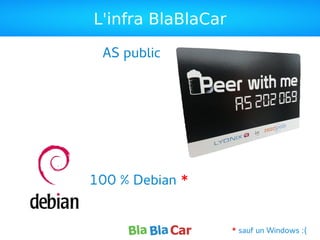 L'infra BlaBlaCar
100 % Debian *
AS public
* sauf un Windows :(
 