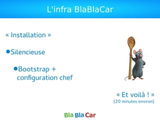 L'infra BlaBlaCar
« Installation »
●Silencieuse
●Bootstrap +
configuration chef
« Et voilà ! »
(20 minutes environ)
 