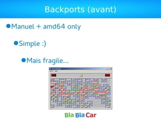 Backports (avant)
●Manuel + amd64 only
●Simple :)
●Mais fragile…
 