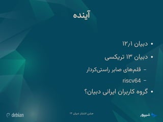 ‫دبیان‬ ‫انتشار‬ ‫جشن‬
۱۲
‫آینده‬
●
‫دبیان‬
۱۲٫۱
●
‫دبیان‬
۱۳
‫تریکسی‬
–
‫‌کردار‬
‫ی‬‫راست‬ ‫صابر‬ ‫‌های‬
‫م‬‫قل‬
–
riscv64
●
‫دبیان؟‬ ‫ایرانی‬ ‫کاربران‬ ‫گروه‬
 
