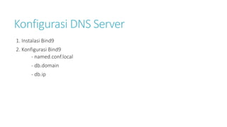 Konfigurasi DNS Server 
1. Instalasi Bind9 
2. Konfigurasi Bind9 
- named.conf.local 
- db.domain 
- db.ip 
 