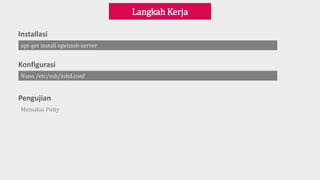 Installasi
Langkah Kerja
apt-get install openssh-server
Konfigurasi
Nano /etc/ssh/sshd.conf
Pengujian
Memakai Putty
 