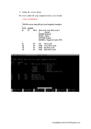 Copyright@central-craft.blogspot.com
 Setting file reverse (db.ip)
File revers adalah file yang mengkonversikan ip ke domain
# nano /etc/bind/db.ip
;
; BIND reverse data file for local loopback interface
;
$TTL 604800
@ IN SOA 3bs1.co.id. root.3bs1.co.id. (
2 ; Serial
604800; Refresh
86400 ; Retry
2419200; Expire
604800 ); Negative Cache TTL
;
@ IN NS 3bs1.co.id.
28 IN PTR www.3bs1.co.id.
28 IN PTR ftp.3bs1.co.id.
28 IN PTR mail.3bs1.co.id.
 