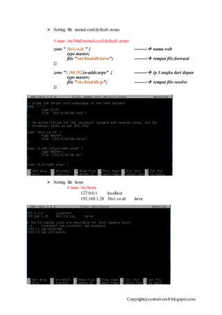 Copyright@central-craft.blogspot.com
 Setting file named.conf.default-zones
# nano /etc/bind/named.conf.default-zones
zone " 3bs1.co.id " { --------- nama web
type master;
file "/etc/bind/db.larva"; --------- tempat file forward
};
zone "1.168.192.in-addr.arpa" { --------- ip 3 angka dari depan
type master;
file "/etc/bind/db.ip"; --------- tempat file resolve
};
 Setting file hosts
# nano /etc/hosts
127.0.0.1 localhost
192.168.1.28 3bs1.co.id larva
 