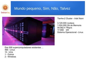 Tianhe-2 Cluster - Intel Xeon
3.120.000 núcleos
1.024.000 Gb de Memoria
54.902.4 Tflop/s
17.808 kW
Sistema Operacional - Linux
Dos 500 supercomputadores existentes ...
485 - Linux
12 - Unix
1 - Outros
2 - Windows
Mundo pequeno, Sim, Não, Talvez
 