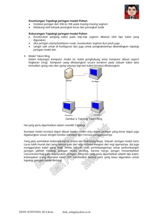 DEDY SUPIYONO, SE.S.Kom dedy_aslngj@yahoo.co.id
Keuntungan Topologi jaringan model Pohon
• Instalasi jaringan dari titik ke titik pada masing-masing segmen
• Didukung oleh banyak perangkat keras dan perangkat lunak
Kekurangan Topologi jaringan model Pohon
• Keseluruhan panjang kabel pada tiap-tiap segmen dibatasi oleh tipe kabel yang
digunakan
• Jika jaringan utama/backbone rusak, keseluruhan segmen ikut jatuh juga...
• sangat sulit untuk di konfigurasi dan juga untuk pengkabelannya dibandingkan topologi
jaringan model lain.
4. Model Token Ring
Dalam hubungan komputer model ini, kabel penghubung antar komputer dibuat seperti
lingkaran (ring). Komputer yang dihubungkan secara berderet pada sebuah kabel data
kemudian ujung satu dan ujung satunya lagi dari kabel tersebut dihubungkan.
Gambar 6 Topologi Token Ring
Hal yang perlu diperhatikan dalam memilih Topologi
Keempat model tersebut dapat dibuat berdiri sendiri atau dalam jaringan yang besar dapat juga
digabungkan sesuai dengan kondisi setempat dan rencana penggunaannya.
Yang jalas perhatikan beberapa hal ini antara lain Duit/Uang/Biaya, Sebuah Jaringan model Garis
Lurus lebih murah dari yang lainnya baik dari segi instalasi maupun dari segi operasinya, dia juga
menggunakan kabel yang tidak terlalu banyak. Kalo pertimbangannya untuk perkembangan
jaringan...pilihlah topologi jaringan model Bintang, karena hanya dengan menambahkan
concentrator/hub pada keseluruhan jaringan. Yang lain yang perlu diperhatikan adalah tipe kabel,
kebanyakan orang memakai kabel UTP (unshielded twisted pair) yang biasa digunakan untuk
topologi jaringan model Bintang.
 