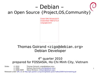 1
– Debian –
an Open Source {Project,OS,Community}
Thomas Goirand <zigo@debian.org>
Debian Developer
4th
quarter 2010
prepared for FOSSASIA, Ho Chi Minh City, Vietnam
Slides © 2010 Thomas Goirand <zigo@debian,org>
© 2009 Stefano Zacchiroli<zack@debian.org>
© 2008-2009 Steve McIntyre <93sam@debian.org>
Released under GPL v2 at http://git.upsilon.cc/cgi-bin/gitweb.cgi?p=talks/2009-hackmeeting.git
Creator:GNU Ghostscript 510 (epswrite)
CreationDate:1999/12/10 21:22:37
LanguageLevel:2
 
