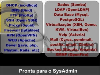 DHCP (isc-dhcp)            Dados (Samba)
    DNS (Bind)             LDAP (OpenLDAP)
    FTP (Proftp)          Data Base (Mysql,
 SSH (Open SSH)               PostgreSQL)
   Proxy (Squid)      Virtualização (XEN, Qemu,
Firewall (Iptables)        KVM, VirtualBox)
 VPN (OpenVPN)               Voip (Asterix)
  WEB (Apache)          Mail (Cyrus, sendmail,
 Devel (java, php,      postfix, qmail, Zimbra)
Phyton, Rails, etc)   Backup (Bacula, Amanda)
                           XMNP (OpenFire)



        Pronta para o SysAdmin
 