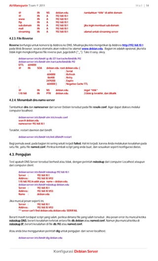 Al-Mansyurin Team © 2011                                                                                    H a l | 14

       @                IN       NS       debian.edu.               ;tambahkan “titik” di akhir domain
       @                IN       A        192.168.10.1
       www              IN       A        192.168.10.1
       ftp              IN       A        192.168.10.1
       sub-domain       IN       A        192.168.10.1              ;jika ingin membuat sub-domain
       mail             IN       A        192.168.10.1
       streaming        IN       A        192.168.10.1              ;alamat untuk streaming server

4.2.3. File Reverse

Reverse berfungsi untuk konversi Ip Address ke DNS. Misalnya jika kita mengetikan Ip Address http://192.168.10.1
pada Web Browser, secara otomatis akan redirect ke alamat www.debian.edu. Bagian ini adalah opsional, jika kita
tidak ingin mengkonfigurasi file reverse pun, juga boleh (^_^). Take it easy, okey.

       debian-server:/etc/bind# cp db.127 /var/cache/bind/db.192
       debian-server:/etc/bind# vim /var/cache/bind/db.192
       $TTL     604800
       @        IN      SOA     debian.edu. root.debian.edu. (
                                   1              ; Serial
                                 604800           ; Refresh
                                 86400            ; Retry
                                2419200           ; Expire
                                 604800 )         ; Negative Cache TTL
       ;
       @                IN      NS       debian.edu.               ;ingat “titik”
       1.10.168         IN      PTR      debian.edu.               ;3 blok ip terakhir, dan dibalik

4.2.4. Menambah dns-name-server

Tambahkan dns dan nameserver dari server Debian tersebut pada file resolv.conf. Agar dapat diakses melalui
computer localhost.

       debian-server:/etc/bind# vim /etc/resolv.conf
       search debian.edu
       nameserver 192.168.10.1

Terakhir, restart daemon dari bind9.

       debian-server:/etc/bind# /etc/init.d/bind9 restart

Bagi pemula awal, pada bagian ini sering sekali terjadi failed. Hal ini terjadi, karena Anda melakukan kesalahan pada
satu file, yaitu file named.conf. Periksa kembali script yang anda buat, dan sesuaikan seperti konfigurasi diatas.

4.3. Pengujian
Test apakah DNS Server tersebut berhasil atau tidak, dengan perintah nslookup dari computer Localhost ataupun
dari computer client.

       debian-server:/etc/bind# nslookup 192.168.10.1
       Server :          192.168.10.1
       Address :         192.168.10.1#53
       1.10.168.192.in-addr.arpa name = debian.edu.
       debian-server:/etc/bind# nslookup debian.edu
       Server :          192.168.10.1
       Address :         192.168.10.1#53
       Name :            debian.edu

Jika muncul pesan seperti ini,
       Server :          192.168.10.1
       Address :         192.168.10.1#53
       ** server can't find debian.edu.debian.edu: SERVFAIL

Berarti masih terdapat script yang salah, periksa dimana file yang salah tersebut. Jika pesan error itu muncul ketika
nslookup DNS, berarti kesalahan terletak antara file db.debian atau named.conf. Namun jika muncul ketika di
nslookup IP, berarti kesalahan di file db.192 atau named.conf.

Atau anda bisa menggunakan perintah dig untuk pengujian dari server localhost.

       debian-server:/etc/bind# dig debian.edu




                                       Konfigurasi Debian Server
 
