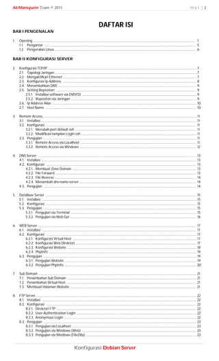 Al-Mansyurin Team © 2011                                                                                                                                                           Hal |2



                                                                                      DAFTAR ISI
BAB I PENGENALAN

1.    Opening ............................................................................................................................................................................. 1
      1.1. Pengantar ................................................................................................................................................................. 5
      1.2. Pengenalan Linux ...................................................................................................................................................... 6

BAB II KONFIGURASI SERVER

2.    Konfigurasi TCP/IP ............................................................................................................................................................. 7
      2.1. Topologi Jaringan ...................................................................................................................................................... 7
      2.2. Mengaktifkan Ethernet ............................................................................................................................................. 7
      2.3. Konfigurasi Ip Address ............................................................................................................................................. 8
      2.4. Menambahkan DNS .................................................................................................................................................. 9
      2.5. Setting Repositori ..................................................................................................................................................... 9
           2.5.1. Installasi software via DVD/CD ......................................................................................................................... 9
           2.5.2. Repositori via Jaringan ..................................................................................................................................... 9
      2.6. Ip Address Alias ......................................................................................................................................................... 10
      2.7. Host Name ................................................................................................................................................................ 10

3.    Remote Access .................................................................................................................................................................. 11
      3.1. Installasi .................................................................................................................................................................... 11
      3.2. Konfigurasi ................................................................................................................................................................ 11
           3.2.1. Merubah port default ssh ................................................................................................................................ 11
           3.2.2. Modifikasi tampilan LogIn ssh .......................................................................................................................... 11
      3.3. Pengujian .................................................................................................................................................................. 11
           3.3.1. Remote Access via Localhost ........................................................................................................................... 11
           3.3.2. Remote Access via Windows ............................................................................................................................ 12

4.    DNS Server ........................................................................................................................................................................ 13
      4.1. Installasi .................................................................................................................................................................... 13
      4.2. Konfigurasi ............................................................................................................................................................... 13
           4.2.1. Membuat Zone Domain ................................................................................................................................... 13
           4.2.2. File Forward ..................................................................................................................................................... 13
           4.2.3. File Reverse ...................................................................................................................................................... 14
           4.2.4. Menambah dns-name-server ............................................................................................................................ 14
      4.3. Pengujian .................................................................................................................................................................. 14

5.    DataBase Server ................................................................................................................................................................ 15
      5.1. Installasi ................................................................................................................................................................... 15
      5.2. Konfigurasi ................................................................................................................................................................ 15
      5.3. Pengujian .................................................................................................................................................................. 15
           5.3.1. Pengujian via Terminal ..................................................................................................................................... 15
           5.3.2. Pengujian via Web Gui ...................................................................................................................................... 16

6. WEB Server ........................................................................................................................................................................ 17
   6.1. Installasi ................................................................................................................................................................... 17
   6.2. Konfigurasi ............................................................................................................................................................... 17
        6.2.1. Konfigurasi Virtual Host ................................................................................................................................... 17
        6.2.2. Konfigurasi Web Direktori ................................................................................................................................ 17
        6.2.3. Konfigurasi Website ......................................................................................................................................... 18
        6.2.4. PhpInfo ............................................................................................................................................................ 19
   6.3. Pengujian .................................................................................................................................................................. 19
        6.3.1. Pengujian Website ........................................................................................................................................... 19
        6.3.2. Pengujian PhpInfo ............................................................................................................................................ 20

7.    Sub Domain ....................................................................................................................................................................... 21
      7.1. Penambahan Sub Domain ......................................................................................................................................... 21
      7.2. Penambahan Virtual Host .......................................................................................................................................... 21
      7.3. Membuat Halaman Website ...................................................................................................................................... 21

8. FTP Server .......................................................................................................................................................................... 22
   8.1. Installasi ................................................................................................................................................................... 22
   8.2. Konfigurasi ............................................................................................................................................................... 22
        8.2.1. Direktori FTP .................................................................................................................................................... 22
        8.2.2. User Authentication LogIn ............................................................................................................................... 22
        8.2.3. Anonymous LogIn ............................................................................................................................................ 22
   8.3. Pengujian .................................................................................................................................................................. 23
        8.3.1. Pengujian via Localhost .................................................................................................................................... 23
        8.3.2. Pengujian via Windows (Web) ......................................................................................................................... 23
        8.3.3. Pengujian via Windows (FileZilla) ..................................................................................................................... 23


                                                             Konfigurasi Debian Server
 