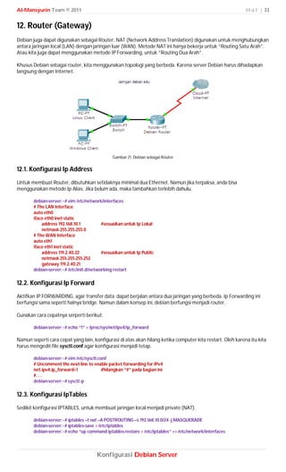 Al-Mansyurin Team © 2011                                                                                    H a l | 33


12. Router (Gateway)
Debian juga dapat digunakan sebagai Router. NAT (Network Address Translation) digunakan untuk menghubungkan
antara jaringan local (LAN) dengan jaringan luar (WAN). Metode NAT ini hanya bekerja untuk “Routing Satu Arah”.
Atau kita juga dapat menggunakan metode IP Forwarding, untuk “Routing Dua Arah”.

Khusus Debian sebagai router, kita menggunakan topologi yang berbeda. Karena server Debian harus dihadapkan
langsung dengan Internet.




                                              Gambar 21. Debian sebagai Router

12.1. Konfigurasi Ip Address
Untuk membuat Router, dibutuhkan setidaknya minimal dua Ethernet. Namun jika terpaksa, anda bisa
menggunakan metode Ip Alias. Jika belum ada, maka tambahkan terlebih dahulu.

       debian-server:~# vim /etc/network/interfaces
       # The LAN Interface
       auto eth0
       iface eth0 inet static
           address 192.168.10.1          #sesuaikan untuk Ip Lokal
           netmask 255.255.255.0
       # The WAN Interface
       auto eth1
       iface eth1 inet static
           address 119.2.40.22           #sesuaikan untuk Ip Public
           netmask 255.255.255.252
           gateway 119.2.40.21
       debian-server:~# /etc/init.d/networking restart

12.2. Konfigurasi Ip Forward
Aktifkan IP FORWARDING, agar transfer data dapat berjalan antara dua jaringan yang berbeda. Ip Forwarding ini
berfungsi sama seperti halnya bridge. Namun dalam konsep ini, debian berfungsi menjadi router.

Gunakan cara cepatnya serperti berikut.

       debian-server:~# echo “1” > /proc/sys/net/ipv4/ip_forward

Namun seperti cara cepat yang lain, konfigurasi di atas akan hilang ketika computer kita restart. Oleh karena itu kita
harus mengedit file sysctl.conf agar konfigurasi menjadi tetap.

       debian-server:~# vim /etc/sysctl.conf
       # Uncomment the next line to enable packet forwarding for IPv4
       net.ipv4.ip_forward=1              #hilangkan “#” pada bagian ini
       #. . .
       debian-server:~# sysctl -p

12.3. Konfigurasi IpTables
Sedikit konfigurasi IPTABLES, untuk membuat jaringan local menjadi private (NAT).

       debian-server:~# iptables –t nat –A POSTROUTING –s 192.168.10.0/24 -j MASQUERADE
       debian-server:~# iptables-save > /etc/iptables
       debian-server:~# echo “up command iptables-restore < /etc/iptables” >> /etc/network/interfaces




                                      Konfigurasi Debian Server
 