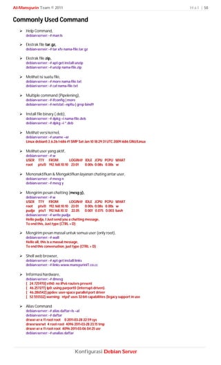 Al-Mansyurin Team © 2011                                                               H a l | 58


Commonly Used Command
    Help Command,
       debian-server:~# man ls

    Ekstrak file tar.gz,
       debian-server:~# tar xfv nama-file.tar.gz

    Ekstrak file zip,
       debian-server:~# apt-get install unzip
       debian-server:~# unzip nama-file.zip

    Melihat isi suatu file,
       debian-server:~# more nama-file.txt
       debian-server:~# cat nama-file.txt

    Multiple command (Pipelening),
       debian-server:~# ifconfig | more
       debian-server:~# netstat –npltu | grep bind9

    Install file binary (.deb),
       debian-server:~# dpkg –i nama-file.deb
       debian-server:~# dpkg –i *.deb

    Melihat versi kernel,
       debian-server:~# uname –ar
       Linux debian5 2.6.26-1-686 #1 SMP Sat Jan 10 18:29:31 UTC 2009 i686 GNU/Linux

    Melihat user yang aktif,
       debian-server:~# w
       USER TTY FROM           LOGIN@ IDLE JCPU PCPU WHAT
       root pts/0 192.168.10.10 23:01 0.00s 0.08s 0.00s w

    Menonaktifkan & Mengaktifkan layanan chating antar user,
       debian-server:~# mesg n
       debian-server:~# mesg y

    Mengirim pesan chatting (mesg y),
       debian-server:~# w
       USER TTY FROM                LOGIN@ IDLE JCPU PCPU WHAT
       root pts/0 192.168.10.10 23:01          0.00s 0.08s 0.00s w
       pudja pts/1 192.168.10.12 22.05         0.001 0.075 0.003 bash
       debian-server:~# write pudja
       Hello pudja, I Just send you a chatting message,
       To end this, Just type (CTRL + D)

    Mengirim pesan massal untuk semua user (only root),
       debian-server:~# wall
       Hello all, this is a massal message,
       To end this conversation, just type (CTRL + D)

    Shell web browser,
       debian-server:~# apt-get install links
       debian-server:~# links www.mansyurinIT.co.cc

    Informasi hardware,
       debian-server:~# dmesg
       [ 24.725970] eth0: no IPv6 routers present
       [ 46.257277] lp0: using parport0 (interrupt-driven).
       [ 46.286542] ppdev: user-space parallel port driver
       [ 52.555532] warning: `ntpd' uses 32-bit capabilities (legacy support in use

    Alias Command
       debian-server:~# alias daftar=ls –al
       debian-server:~# daftar
       drwxr-xr-x 11 root root 0 2011-03-28 22:59 sys
       drwxrwxrwt 4 root root 4096 2011-03-28 23:15 tmp
       drwxr-xr-x 11 root root 4096 2011-03-06 04:25 usr
       debian-server:~# unalias daftar




                                       Konfigurasi Debian Server
 